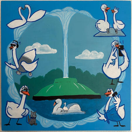 “Eola Swans”. Acrylic on wood panel. 12 x 12.